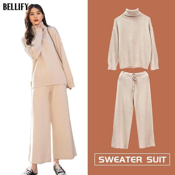 

women's two piece pants 2 pieces set women knitted tracksuit warm turtleneck sweater wide leg sets chic pullover outerwear, White
