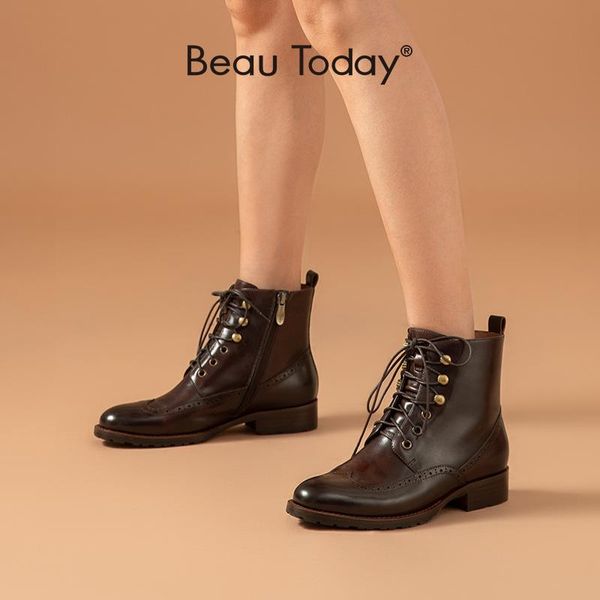 

boots beautoday brogue ankle women cow leather wingtip round toe lace-up closure retro lady shoes handmade 03646, Black