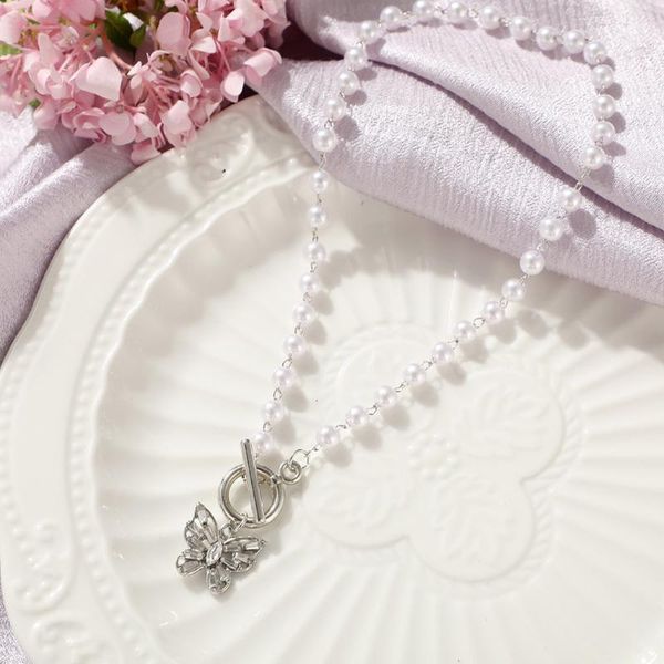 

chokers rhinestone pearl butterfly necklace choker for women girl female short neck creative clavicle jewelry, Golden;silver