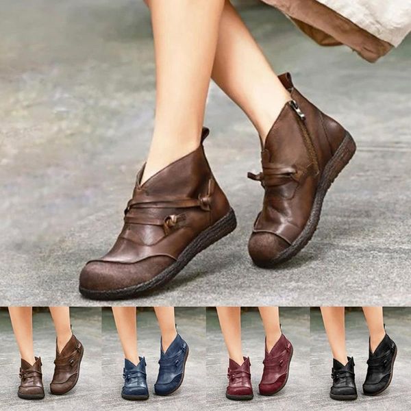 

boots s 2021 autumn winter retro women fashion genuine leather ankle zapatos de mujer vintage warm botas, Black