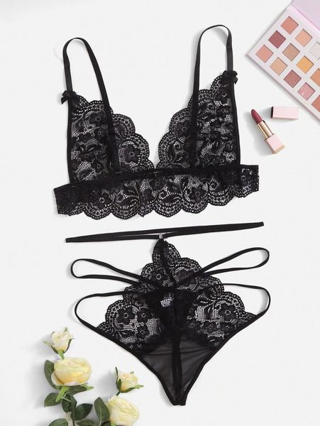 

plus floral lace scallop trim lingerie set 20hy#, Black;white