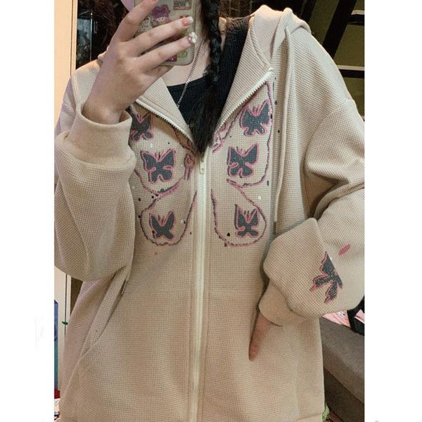 

women's hoodies & sweatshirts waffle summer jacket oversized butterfly retro pocket khaki zip hoodie sweatshirt woman clothes long slee, Black