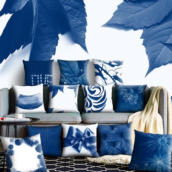 

1pcs blue pattern cushion cover polyester cozy pillowcase decorations para home bedroom sofa decor soft pillow 45*45cm case