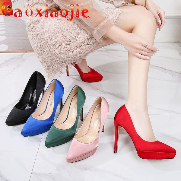 

dress shoes simple fashion satin silk women's pumps 12cm pointed temperament platform stiletto elegant lady party high heels, Black
