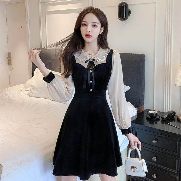 

casual dresses for women 2021 vintage a-line dress velvet black stand neck lantern sleeve robe slim vestidos fashion elegant korean, Black;gray