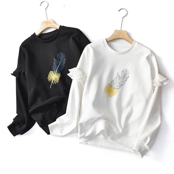 

hoodie 2021 spring white hoodie o-neck embroidery long hoodies style women clothes pullovers, Black