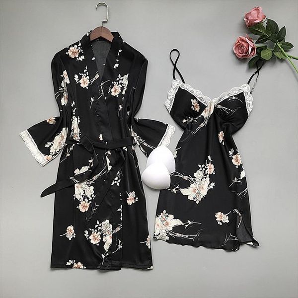 

summer robe gown sets womens sleepwears silk satin flower print nightwear lace night suit soft sleep lounge chest pads, Black;red