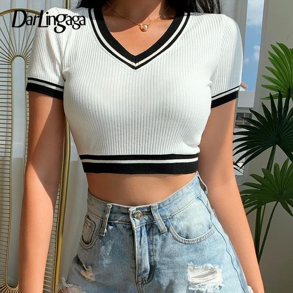 

women's t-shirt darlingaga casual v neck stripe knitted bodycon white tshirt slim basic crop korean summer contrast color tee shirt