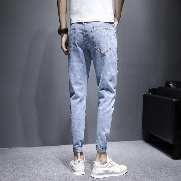 

men's jeans summer trend of handsome light blue slim-fit ripped thin casual trousers men clothes