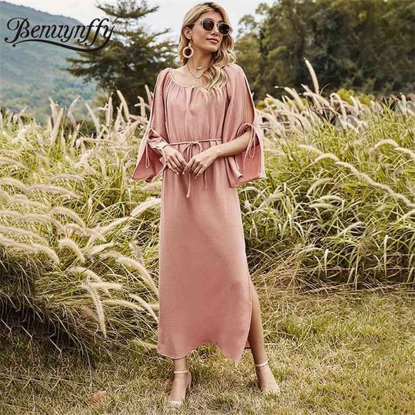 

round neck tie waist split long maxi dress bohemian women summer casual lace up 3/4 sleeve high solid 210510, Black;gray