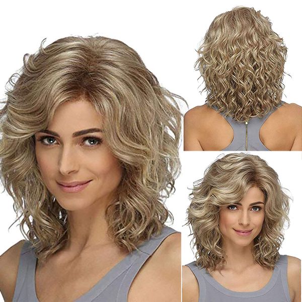 

gradient wavy wigs for women shoulder length short small curly heat resistant synthetic, Black
