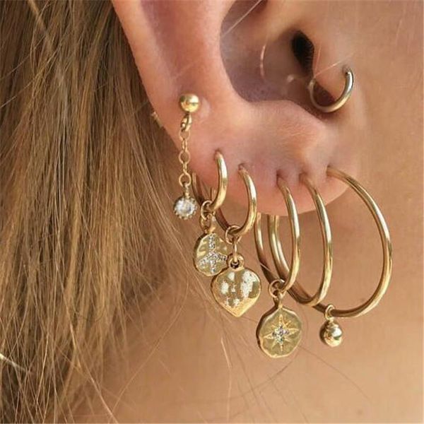 

pcs/set gold circle hoop earrings for women fashion big small round ear jewelry vintage geometric star tassel huggie, Golden;silver