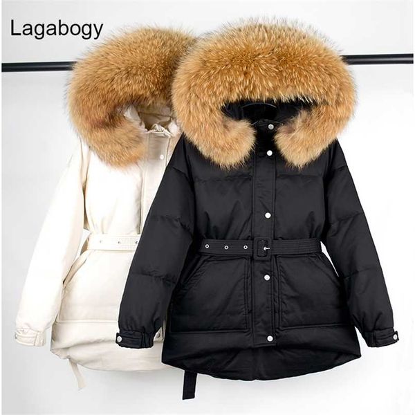 

lagabogy winter real natural fur hooded puffer jacket 90% white duck down coat female loose thick warm windproof parkas 211126, Black