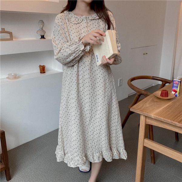

autumn winter all cotton nightgown womens sleepwears long sleeve print dress home clothes peter pan collar loose cute nightdress ruffles, Black;red