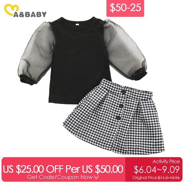 $50-25 1-6Y Primavera Bambino Bambino Capretto Vestiti per ragazze Set Nero Tulle Pizzo T-shirt Top Plaid Gonne Abiti Costumi 210515