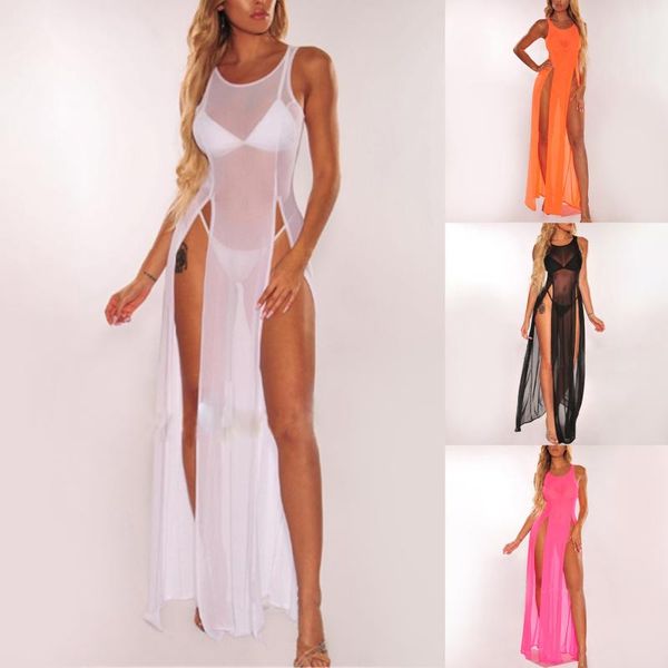 

casual dresses womens mesh sheer long dress ladies bikini cover up beach sundress solid see-through sleeveless strap, Black;gray