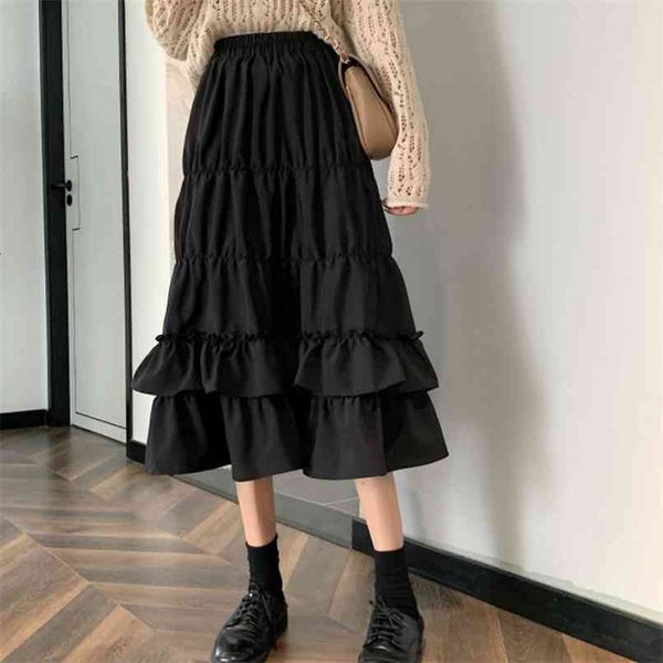 Vintage Hohe Taille Rock Frauen Frühling Herbst Teenager Schule Mädchen Rüschen Plissee Rüschen Patchwork Lange Midi Schwarz Goth Röcke 210529