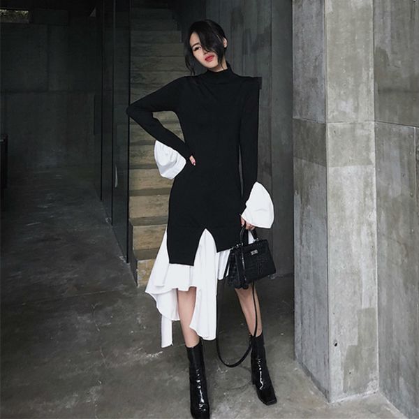 

dress dressed in knitting flare long sleeves ruffle hem ragged women's dresses fall oj1x, Black;gray
