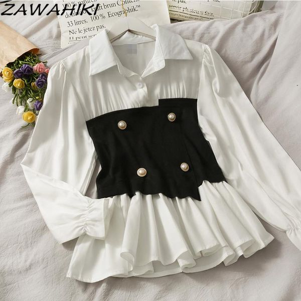 

women's blouses & shirts zawahiki korean chic blouse women autumn contrast color patchwork double breasted slim waist fashion long sle, White