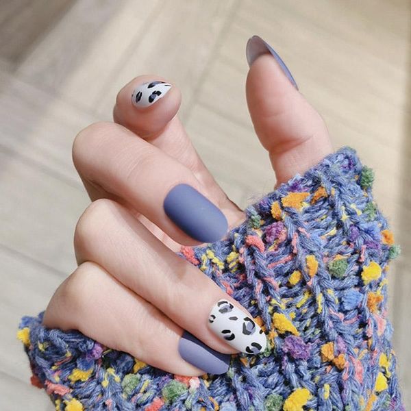 

false nails 24pcs blue grey leopard print removable wear finished product manicure patch fake accesorios, Red;gold