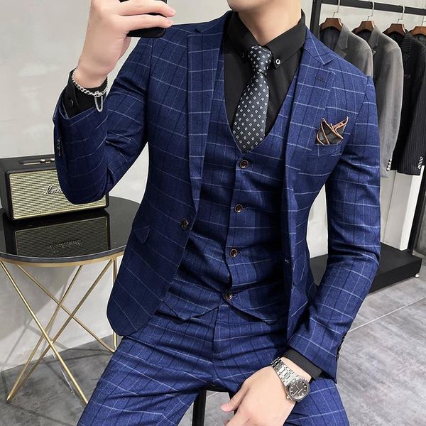 

men's suits & blazers 3 piece men groom wedding luxury tuxedo fashion plaid business casual jackets pants s-5xl, White;black