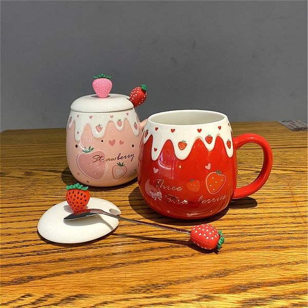 

mugs japanese style ceramic strawberry coffee mug with lid and spoon creative porcelain breakfast milk cup drinkware personality gift
