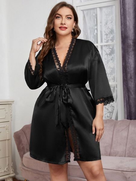 

plus satin contrast lace belted night robe i2hl#, Black;white