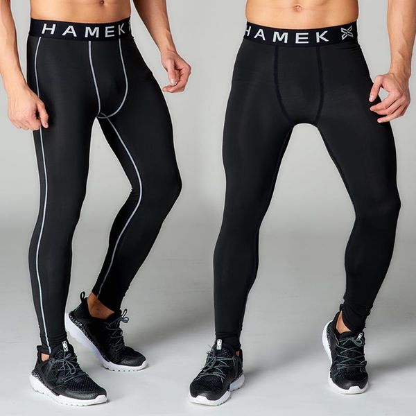 

running pants sport fitness men tights high elastic compression leggings quick dry soccer training gym sportswear trousers, Black;blue