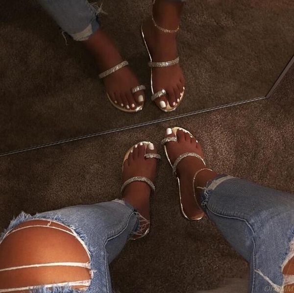 

women fashion wild beach slippers 2021 rhinestone bright diamond flat sandals flip flop home outdoor travel student, Black