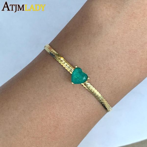 

link, chain green cz paved square heart evil eye charm classic european women jewelry snake high polished herringbone bracelet, Black
