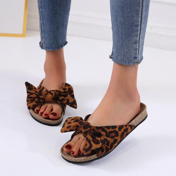 

slippers sandals lady summer women beach butterfly knot leopard large size flat shoes 2021 female platform casual footwear, Black