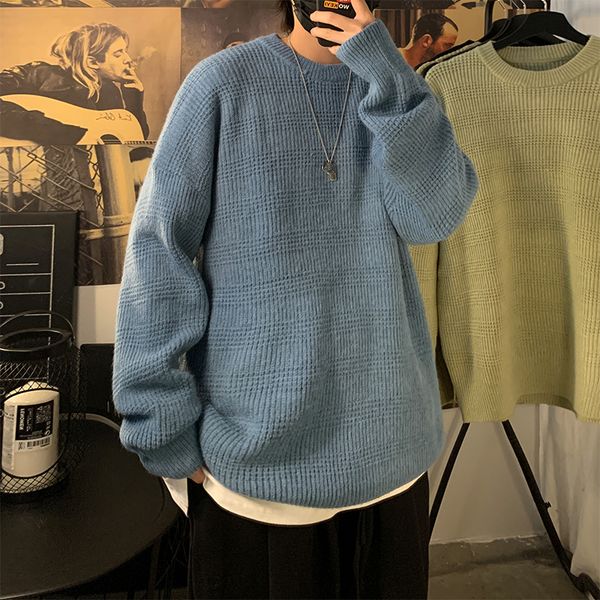 

2021 winter new mens solid color knit sweater round neck casual pullover sweater men, White;black