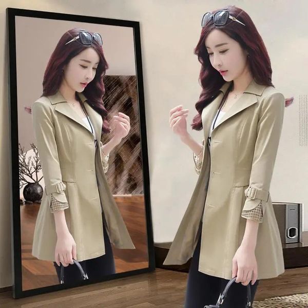 

women's trench coats 2021 spring autumn mid-long coat women classic outerwear female slim street windbreaker, Tan;black