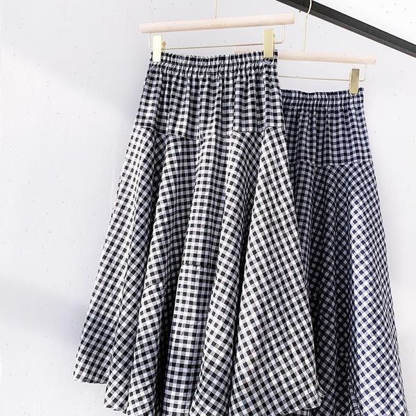 

qooth plaid summer beach womens skirt long high elastic waist big hem flare cotton blend women jupe qh2301, Black