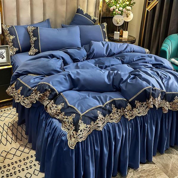 

bedding sets 3/4pcs set with bed skrit emboridered lace duvet cover for bedroom eoropean style four seasons luxury home