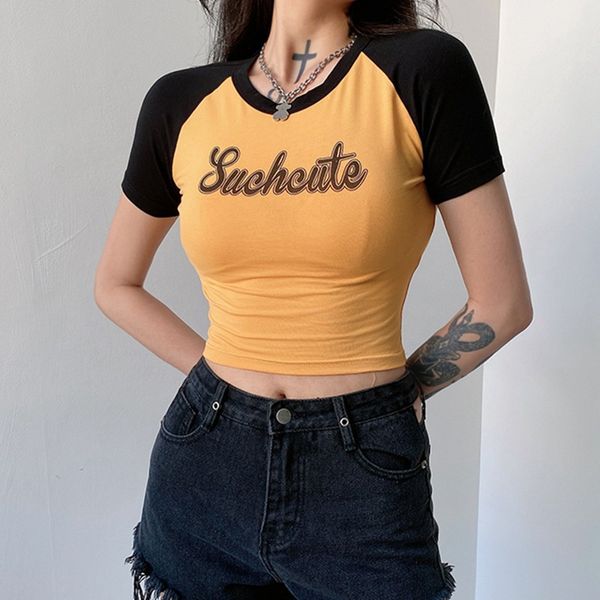 

european and american women's fashion tight contrast yoga letter print navel short sleeve t-shirt, White