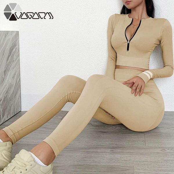 

seamless 2 pcs yoga set women long sleeve zipper crop high waist trousers sports tight running fitness workout gymwear outfits, White;red