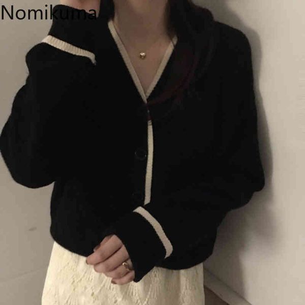 

nomikuma contrast color single breasted vintage cropped cardigan women v neck long sleeve casual loose sweater korean 3c561 210514, White;black