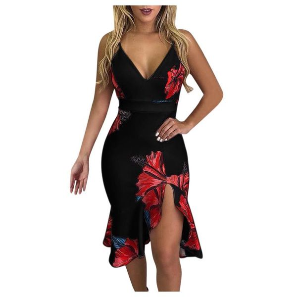 

casual dresses elegant women flower dress bandage v-neck split summer ladies ruffle spaghetti strap work party vestidos robe, Black;gray