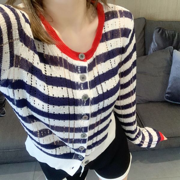 

8973 contrast striped air conditioning shirt silk ice hemp hollow out sunscreen clothes women's blouse long sleeve sweater, White