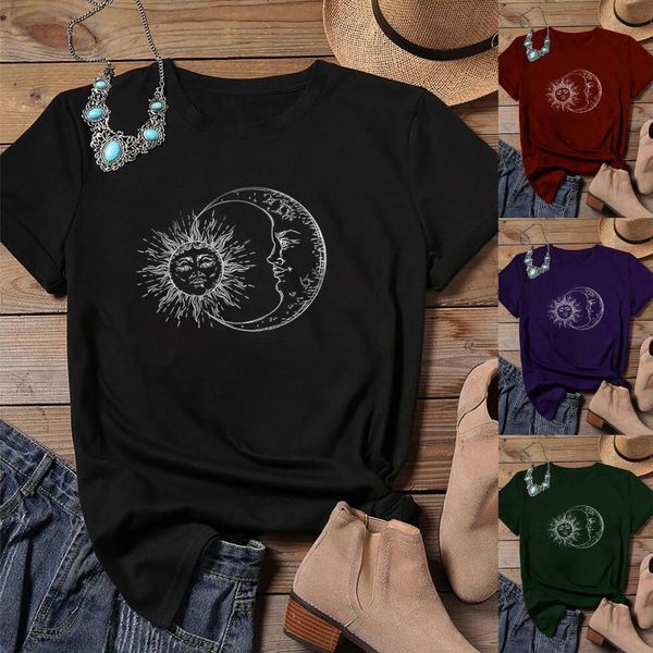 

women's vintage sun moon printed casual fashion solid color short sleeve t-shirt summer laides retro tunic plus size tshirt, White
