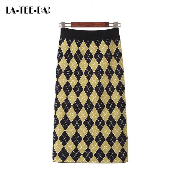 

skirts ltd1198323 2021 plaid midi knitted women high elastic waist lady package hip diamond rhombus vestidos, Black