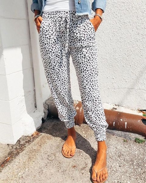 

women's pants & capris 2021 style women leopard print long trousers summer loose lace-up with pockets casual clothes plus size xxl, Black;white