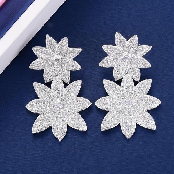

55mm famous luxury flower blossom dangle earrings for women wedding full mirco cubic zircon silver earring fashion jewelry & chandelier