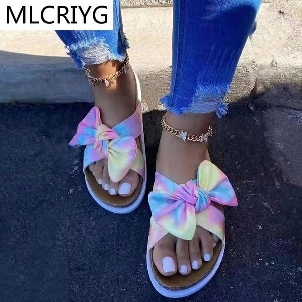 

rainbow bow slides mixed colors slippers 2021 summer tie dye sandals fashion woman flip flops cute for women flat with, Black