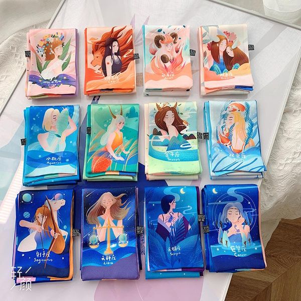 

scarves luxury silk scarf women long print hijab hair band small neck handle bag ribbons constellation, Blue;gray