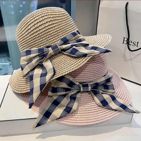 

wide brim hats ladies sun fedora straw hat european and american retro gold braided female sunshade flat cap visors, Blue;gray