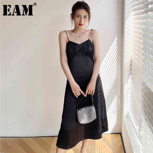 

[eam] women black slim pleated backless elegant dress v-neck sleeveless loose fit fashion spring summer 1dd8109 210512, Black;gray