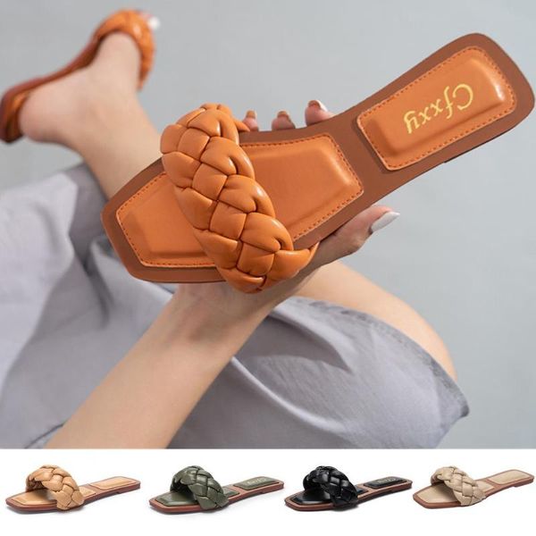 

slippers sandals open square toe flat slip on slipper for women summer fashion beach casual female platform shoes, Black