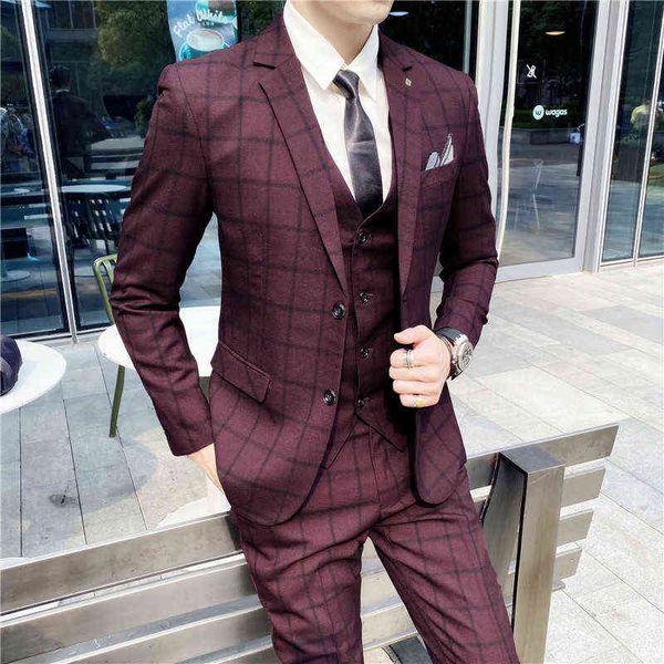 

luxury suits blaze suit three piece korean plaid slim men's profsional formal man suit, Black